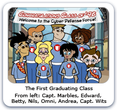 The First Graduating Class: From left to right: Capt. Marbles, Edward, Betty, Nils, Omni, Andrea, Capt. Wits