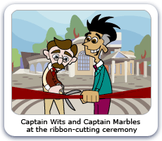Captain Wits and Captain Marbles at the Ribbon Cutting Ceremony